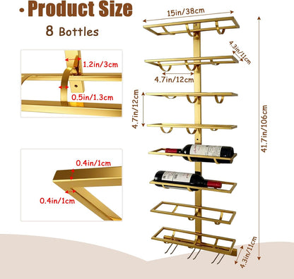 8 Bottle Wall Mount Wine Rack with Wine Glass Holder, Metal Wine Wall Rack, Wall Racks for Wine Bottles Display and Storage, Hanging Bottle Organizer for Living Dining Room Wine Cellar Bar (Gold)