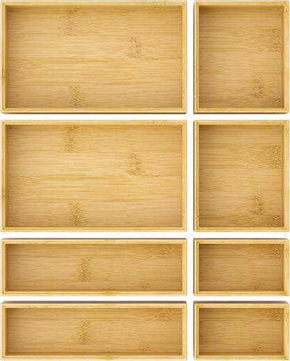 Bathroom Drawer Organizer Trays, Bamboo Silverware Drawer Organizer Kitchen Utensils, 8 PCS Wood Box Stackable Bins for Makeup, Office Desk, Vanity, Junk Drawer