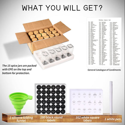 DIMBRAH Spice Jars with Label-4oz 36Pcs, Glass Spice Jars with Bamboo Lids, Container Set with White Printed Labels,Kitchen Empty Jars with Shaker Lids