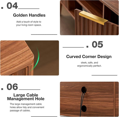 TV Stand for Living Room, Mid Century Modern Entertainment Center for 55/60/65 inch TVs, TV Console with Fluted Door Cabinets and Open Shelves, for Bedroom, Walnut