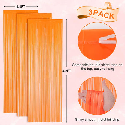 3 Pack 3.3x8.2 Feet Orange Foil Fringe Backdrop Curtains, Tinsel Streamers Birthday Party Decorations, Fringe Backdrop for Graduation, Baby Shower, Gender Reveal, Disco Party