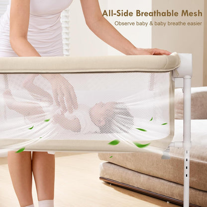 Bassinet Bedside Sleeper - All-Mesh Design, Portable Bedside Bassinet for Baby with Washable Mattress, 5 Adjustable Heights（Beige）
