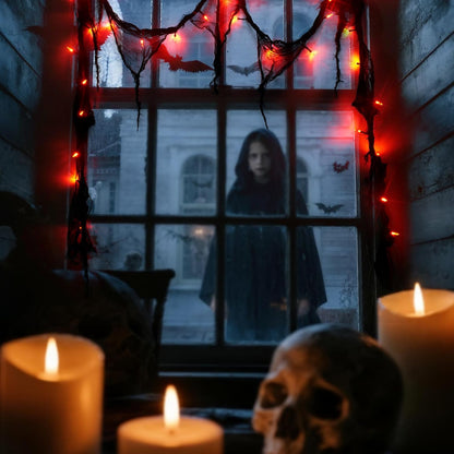 Halloween Horror Atmosphere Lights, Orange&Purple LED String Lights with 9.9FT Creepy Black Gauze, Battery Powered with Timer & 8 Flashing Modes (Red)