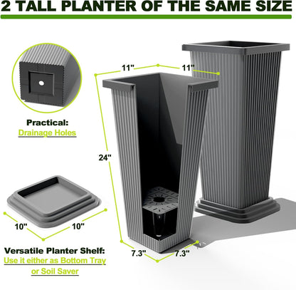FENCY Set of 2 Tall Planters for Outdoor Plants, 24 Inch Large Tapered Pots with Drainage Trays, Weather-Resistant Plastic Plant Containers for Patio, Porch, Garden, Front Door Decor,Gray,Striped