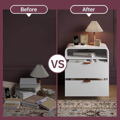 FURSUN 24" Fluted Nightstand Set of 2 with Charging Station, Wooden End Table with 2 Drawers Storage, Curved Profile Design, Modern Bedside Cabinet for Bedroom Living Room, White