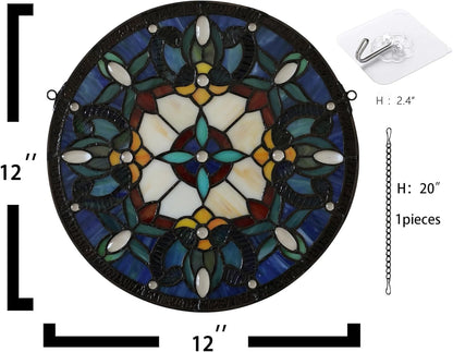 Handcrafted Stained Glass Window Panel - 12-Inch Round Floral Design with Vibrant Colors, Elegant Decorative Hanging Art for Home Décor, Includes 20-Inch Chain & Hook (Blue iris)