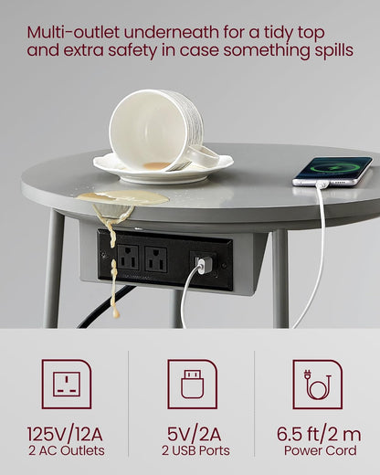 VASAGLE Side Table with Charging Station, Round End Table with Fabric Basket, Nightstand with Power Outlets, USB Ports, for Living Room, Bedroom, Modern, Dove Gray and Slate Gray ULET228G01