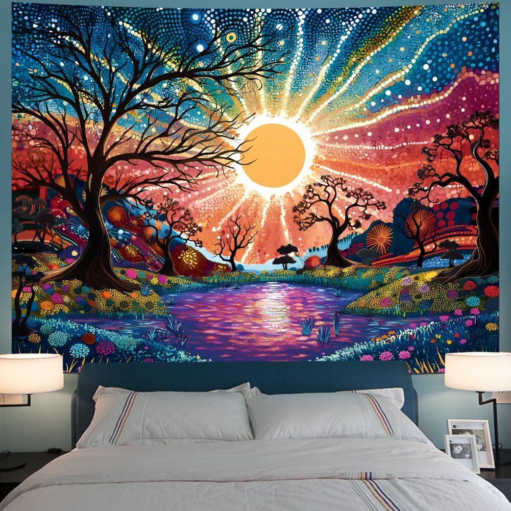 Serborlur Tree of Life Tapestry Trippy Sun Forest Tapestries Colorful Starry Sky Tapestries Hippie Nature Landscape Wall Tapestry Aesthetic Vintage Wall Hanging for Bedroom (51.2" × 59.1")