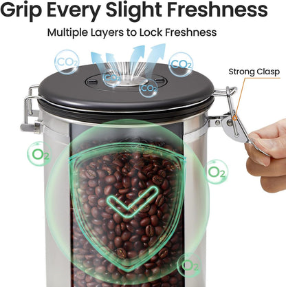 Veken Coffee Canister, 39OZ Large, Airtight Stainless Steel Food Storage Container for 2.2lbs Coffee Beans, Ground, Sugar, Tea, Flour, Rice, Cereal, Cookies Jars, Bar Accessories & Gifts, Silver