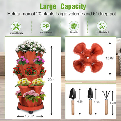 Vertical Strawberry Planter 5 Tier Stackable Tower Herb Planters Stacking Outdoor Garden Planters Pot with Tools Mover for Growing Flowers, Vegetables and Succulents