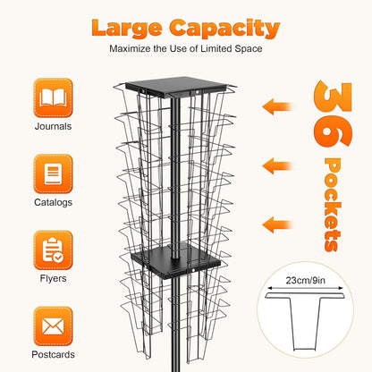 36 Pockets-360° Rotating Magazine Rack, Detachable Floor Standing Comic Books Brochure Display Stands, Pamphlet Literature Spinner Racks for Retail Store, Bookstore, Home