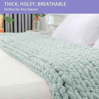 Bigacogo Chunky Knit Throw Blanket for Couch, 40x40 inches, 100% Hand Knitted with Thick Jumbo Chenille Yarn, Cozy Soft Large Rope Knot Cable Crochet Blankets for Sofa Bed Living Room, Mint