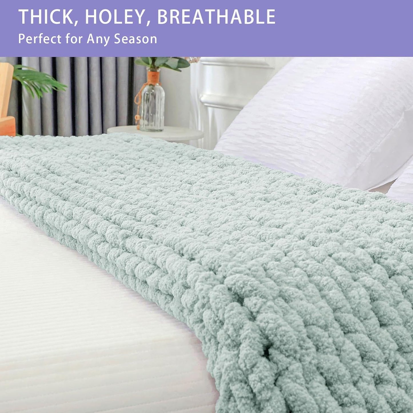 Bigacogo Chunky Knit Throw Blanket for Couch, 40x60 inches, 100% Hand Knitted with Thick Jumbo Chenille Yarn, Cozy Soft Large Rope Knot Cable Crochet Blankets for Sofa Bed Living Room, Mint