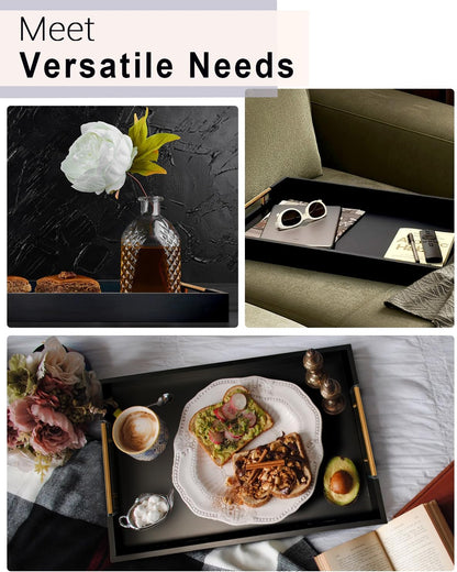 22 Inch Rectangle Black Ottoman Tray with Gold Metal Handles, Extra Large Wooden Serving Tray for Living Room, Coffee Table, Kitchen & Hosting