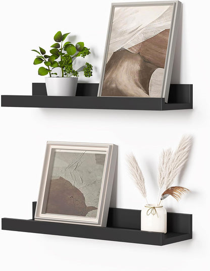 Heimlove Picture Ledge Shelf, Small Floating Shelves Set of 2, 16 Inches Picture Shelf for Wall with Ledge, Kids Bookshelf Wall Mounted for Living Room Bedroom Decor Books Photo Frames, Black