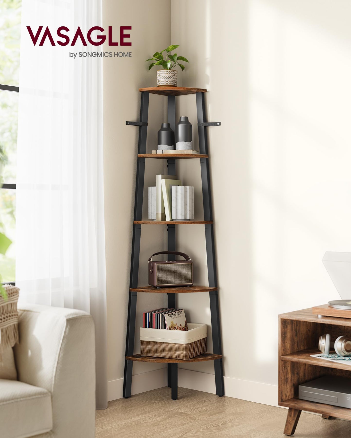 VASAGLE Corner Shelf Stand, 5-Tier Corner Bookshelf, Industrial Ladder Shelf, Plant Stand for
