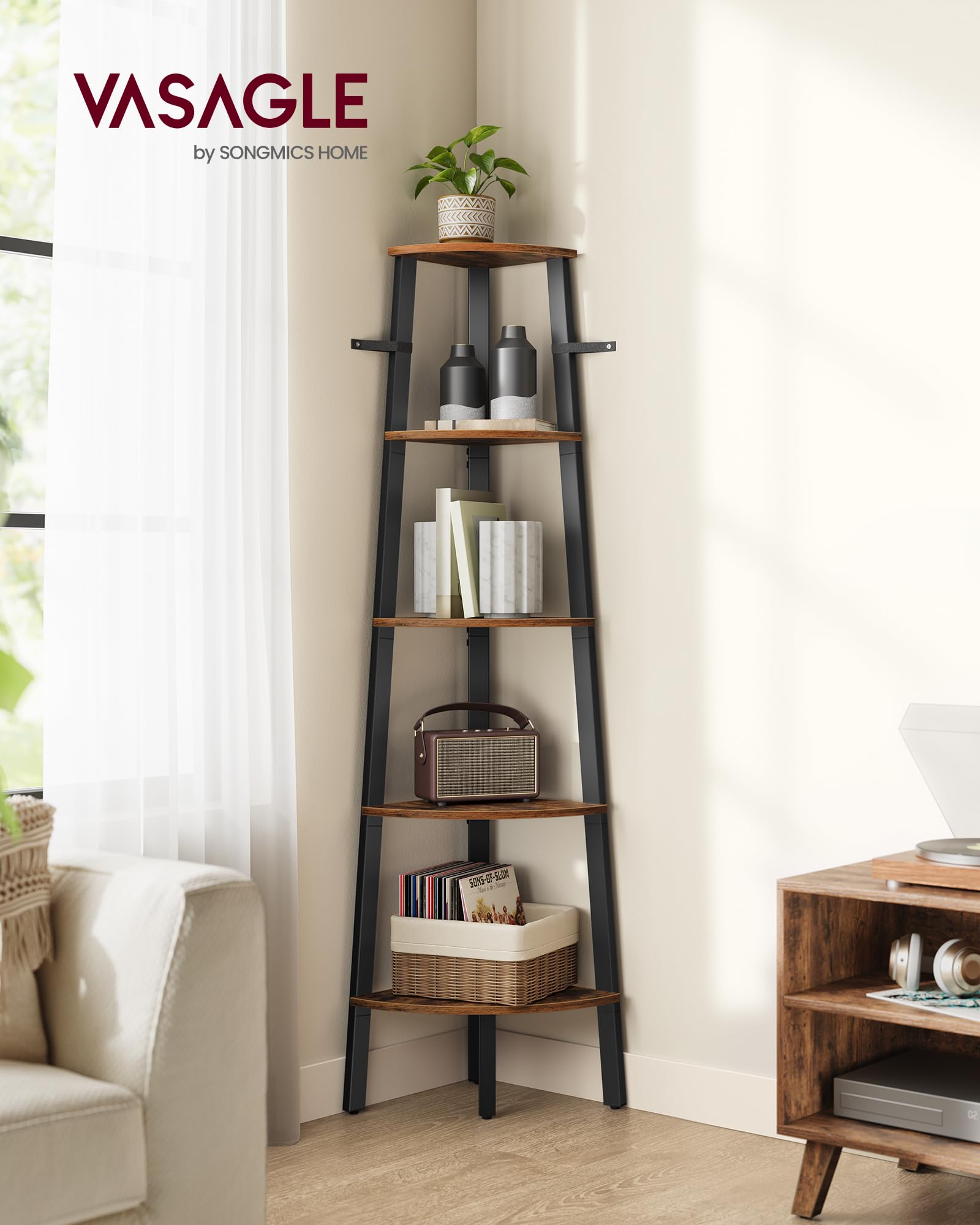 VASAGLE Corner Shelf Stand, 5-Tier Corner Bookshelf, Industrial Ladder Shelf, Plant Stand for