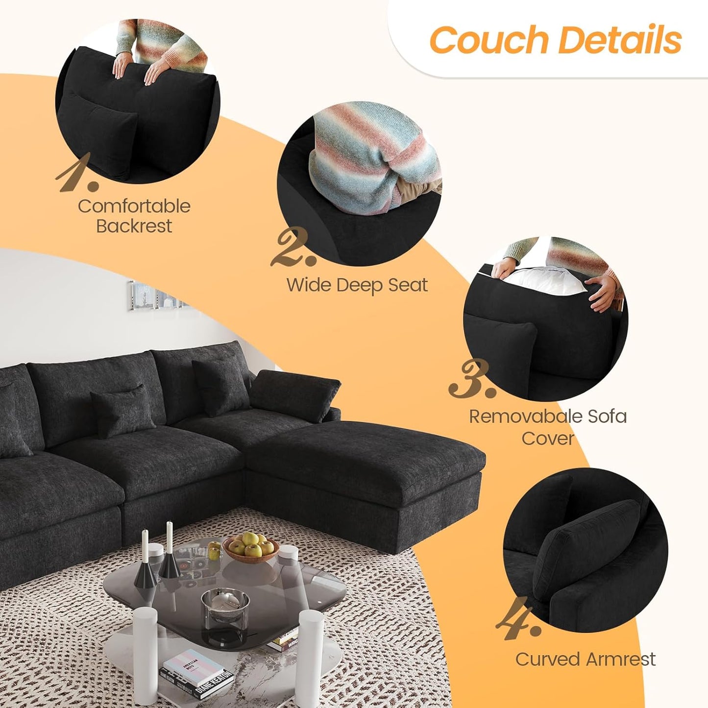 JACH U Shaped Sectional Couches, Cloud Sectional Couch with Deep Seat, 119" Down Filled Modular Sofa with Chaise, Covers Removeable & Washable, Sofas Furniture for Living Room, Black