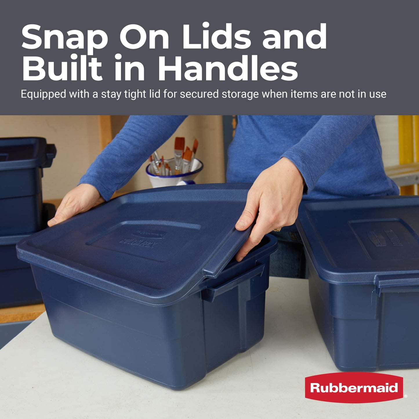 Rubbermaid Roughneck Tote 3 Gal, 6 Pack, Made in USA, Dark Indigo Metallic, Rugged Plastic