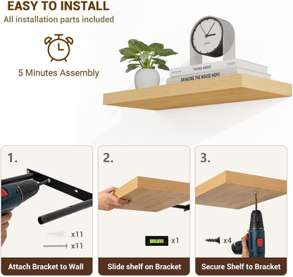36 Inch Floating Shelves, 3D Textured Wood Grain, 36"x9.25"x1.5" Inch Deep Floating Shelves for Wall, Wooden Shelves for Bathroom, Bedroom, Living Room, Natural