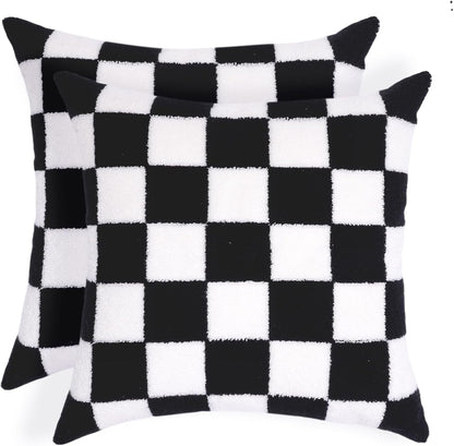 Alysheer Checkered Embroidered Decorative Throw Pillow Covers 18"x 18" Set of 2, Farmhouse Cottage Black White Plaid Tufted Patterned Cotton Canvas Cushion Case for Sofa Couch Bed Living Room
