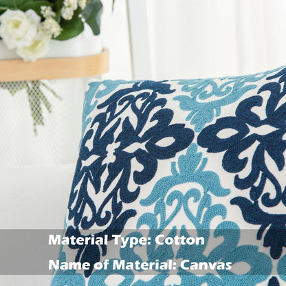 HWY 50 Blue Decorative Throw Pillow Covers 18x18 Inch (1 Piece), Embroidered Cotton Farmhouse Cushion Cover Pillow Case for Sofa Couch Living Room Bed Bedroon, Floral Geometric