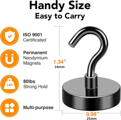 MIKEDE Black Magnetic Hooks, 80Lbs Heavy Duty Earth Magnets with Hooks for Cruise Cabin, Strong Magnet Hooks for Hanging, Super Metal Magnetic Hanger for Grill, Fridge, Kitchen - Pack of 10