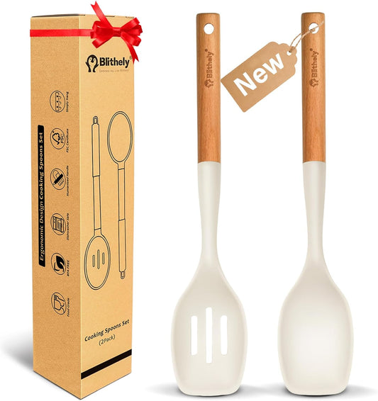 Large Silicone Cooking Spoon Set, 2 Pack Solid Slotted Spoon with Wooden Handle, Nonstick Silicone