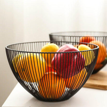 Metal Wire Fruit Basket, Black Fruit Vegetable Bowl for Kitchen Counter, Round Produce Storage Basket for Veggie Snack (Round A)