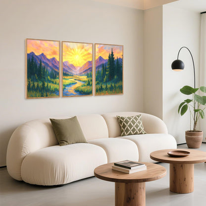 HPNIUB Vintage Mountain Framed Canvas Wall Art Set, Boho Sunrise Art Prints, Forest Nature Wilderness Art Paintings, Modern Farmhouse Pine Tree Wall Decor for Living Room Bedroom, Office- 16"x24"x3