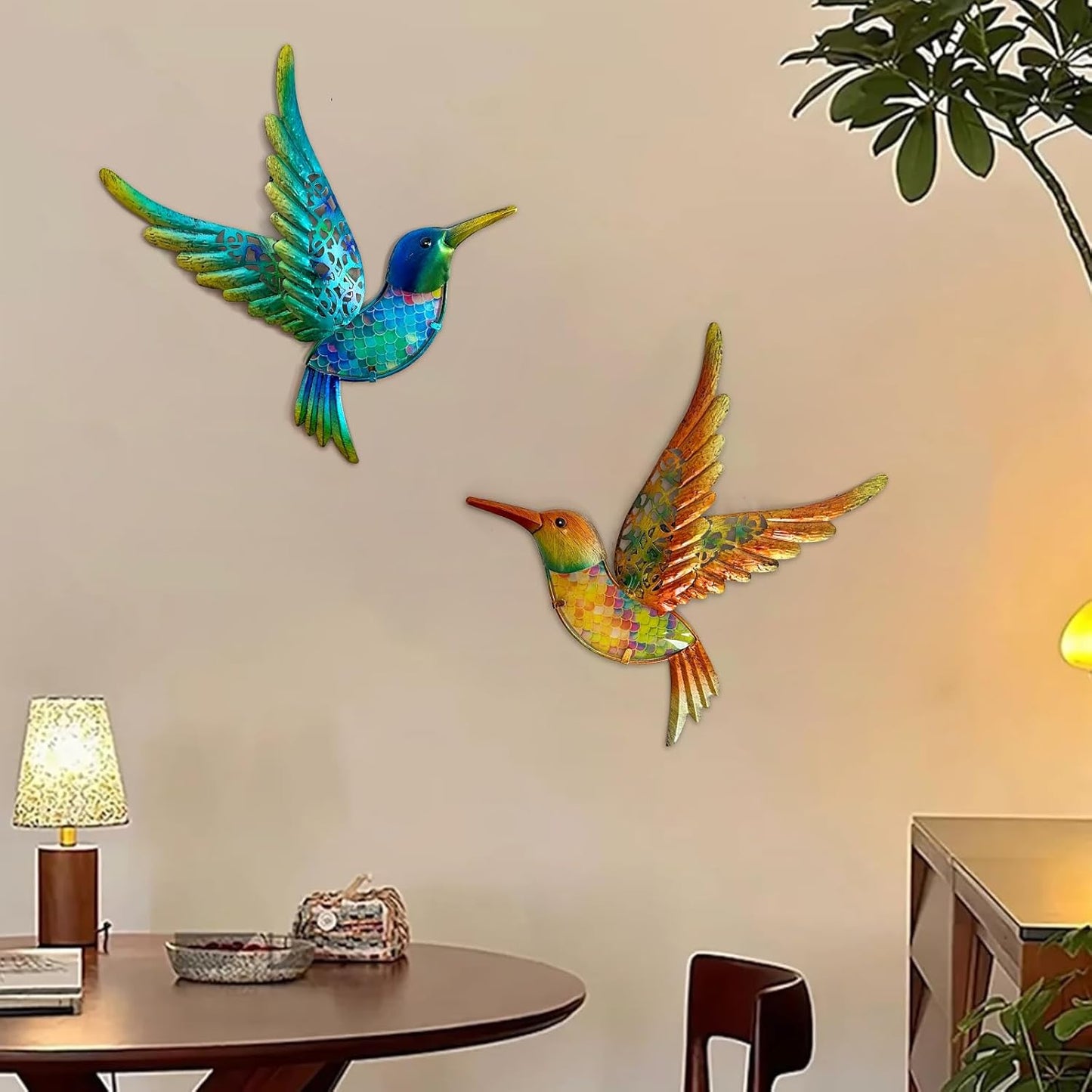 HONGLAND Metal Hummingbird Wall Art 12inch Metal Birds Wall Sculpture Garden Decoration Outdoor Statue Patio Fence Hanging Plaques 2 Pack（Multicolor）