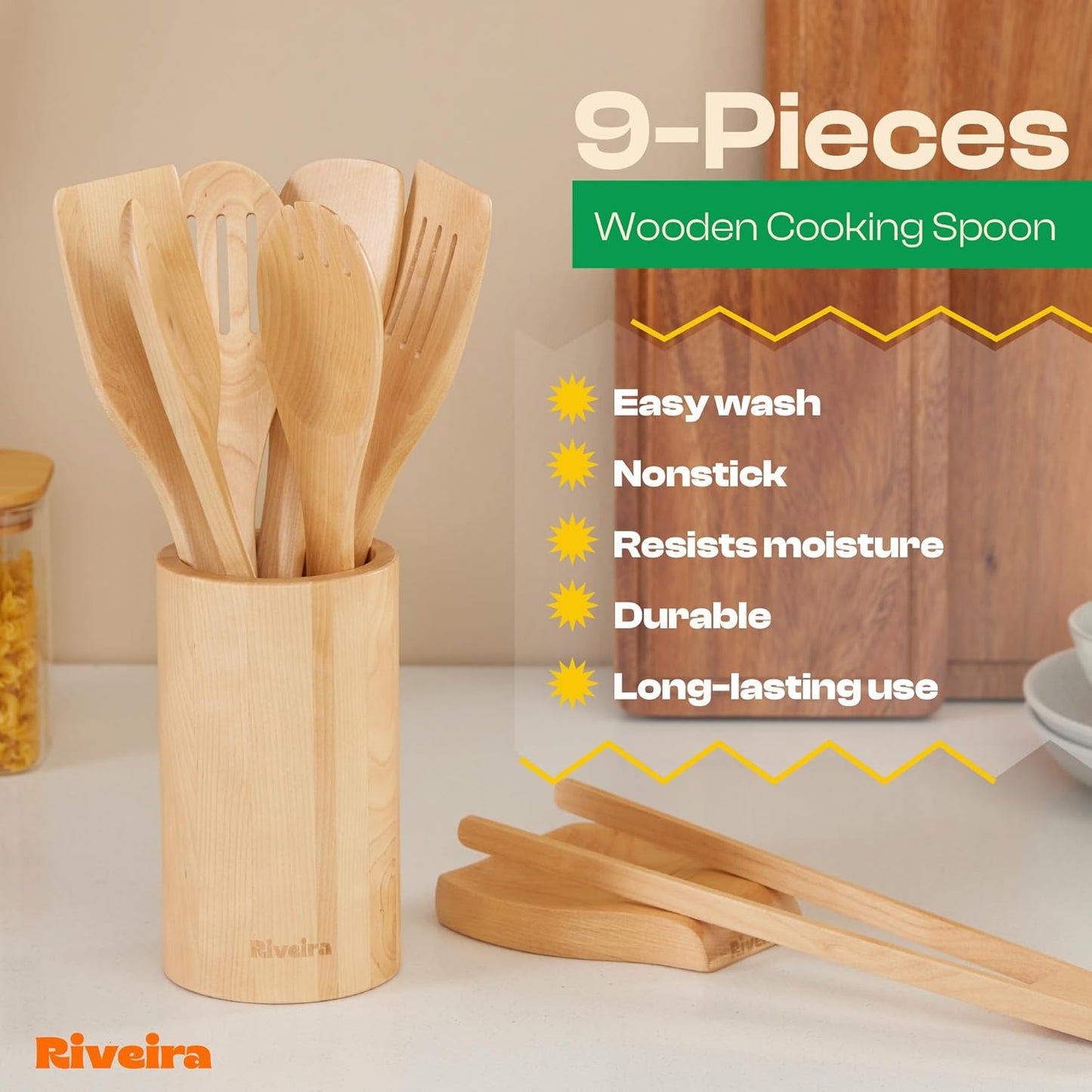 Riveira Maple Wooden Spoons for Cooking Set of 9 – Natural Maple Wooden Cooking Utensils, Wooden Spatula, Wooden Spoon - Premium Quality Wooden Utensil Set for Non-Toxic Cooking