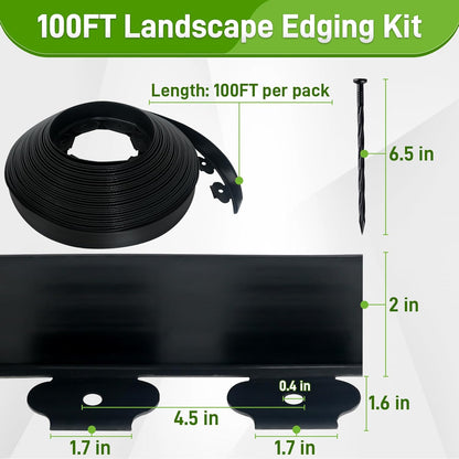 2 Inch x 100FT Landscape Edging Border with 90 Anchoring Spikes, No Dig Garden Border Edging Kit, Plastic Flexible Edging for Landscaping Garden Flower Beds Lawn Yard Paver Pathway, Black