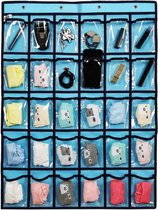 Classroom Pocket Chart for Phone Calculator Holder Over The Door Hanging Closet Jewelry Organizer with 30 Clear Pockets (Blue)