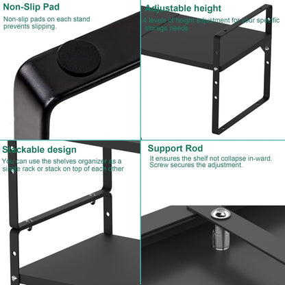 iPEGTOP Expandable Cabinet Storage Shelf Organizer Rack, Heavy Duty Steel Metal Spice Rack Adjustable Height Home Office Garage Pantry Shelves for Counter Kitchen Organization, Black, 2 Pack