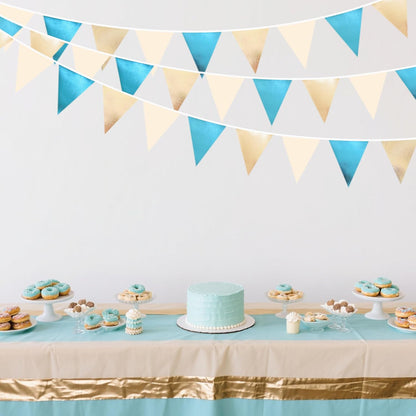 Champagne Gold Sky Blue Beige Decorations Metallic Fabric Triangle Pennant Banner Bunting Flag Garland for Birthday Baby Shower Engagement Wedding Graduation Bridal Shower Party Decorations Supplies
