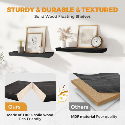24"x6.8"x1.6" Slanted Floating Wall Shelves 2-Pack - Rustic Black Finish, Heavy-Duty Solid Wood Design with Hidden Brackets - Perfect for Living Room, Kitchen, Bathroom, or Office