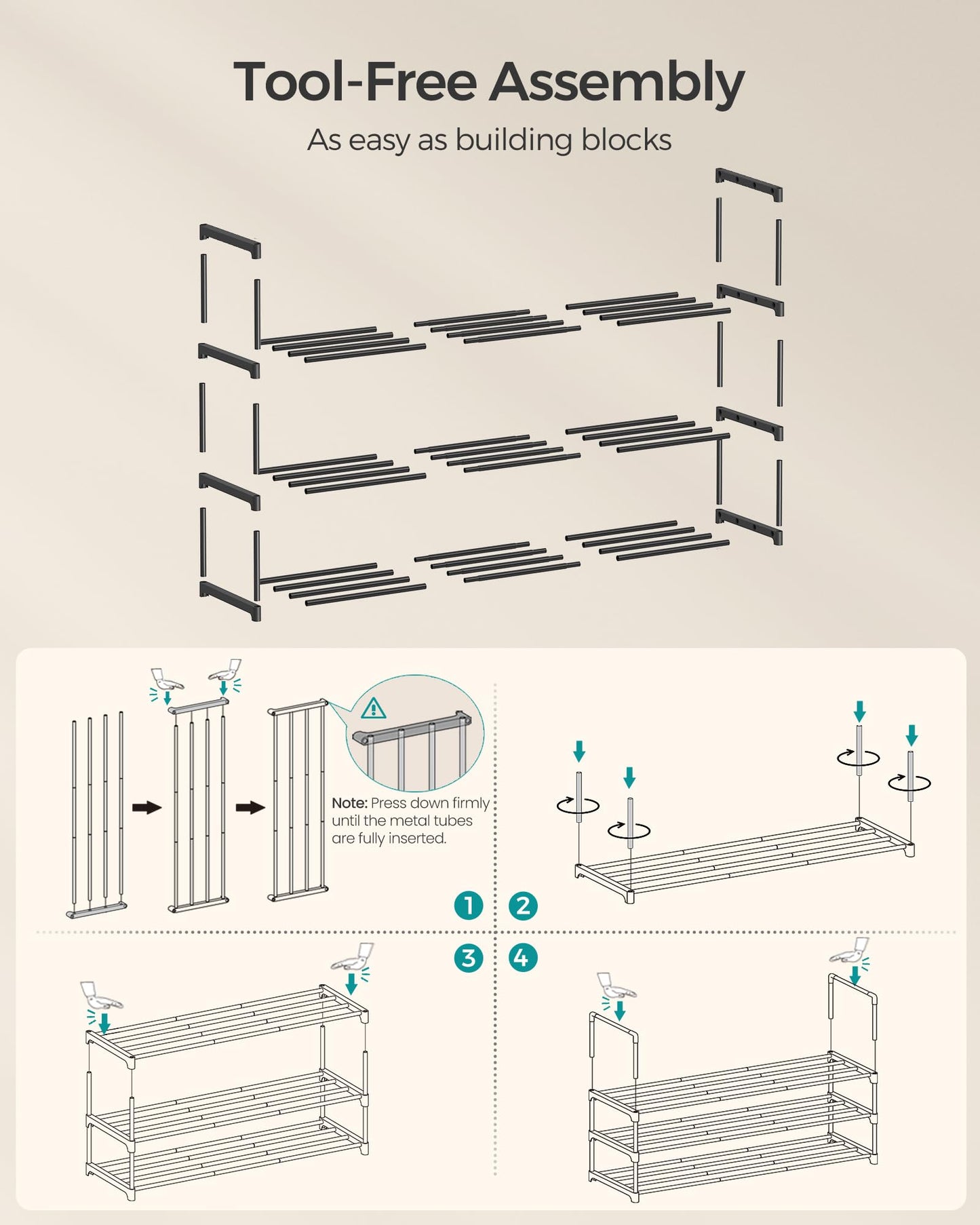 SONGMICS Shoe Rack, 3-Tier Shoe Organizer, Metal Storage Shelf, Upright or Upside Down, for 20-24