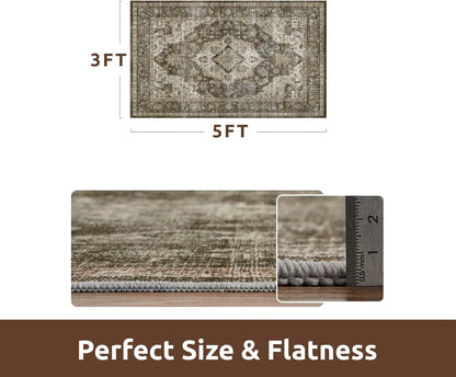 AMOAMI-3X5 Area Rug-Soft Washable Vintage Throw Accent Rugs for Living Room, Entryway, Bedroom, Kitchen, Bathroom, Laundry Room, Kitchen, Bathroom, Bedside, No Slip Brown/Coffee