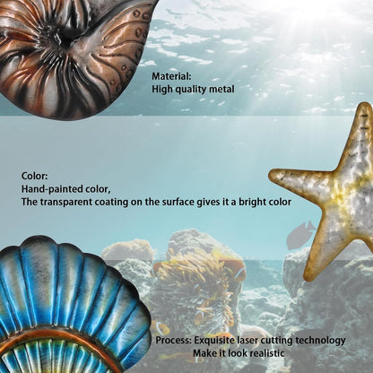 Metal Ocean Wall Sculptures Outdoor Metal Sea Star Conch Wall Art Decor Pool Garden Patio Bathroom Yard Farmhouse Fence Deck