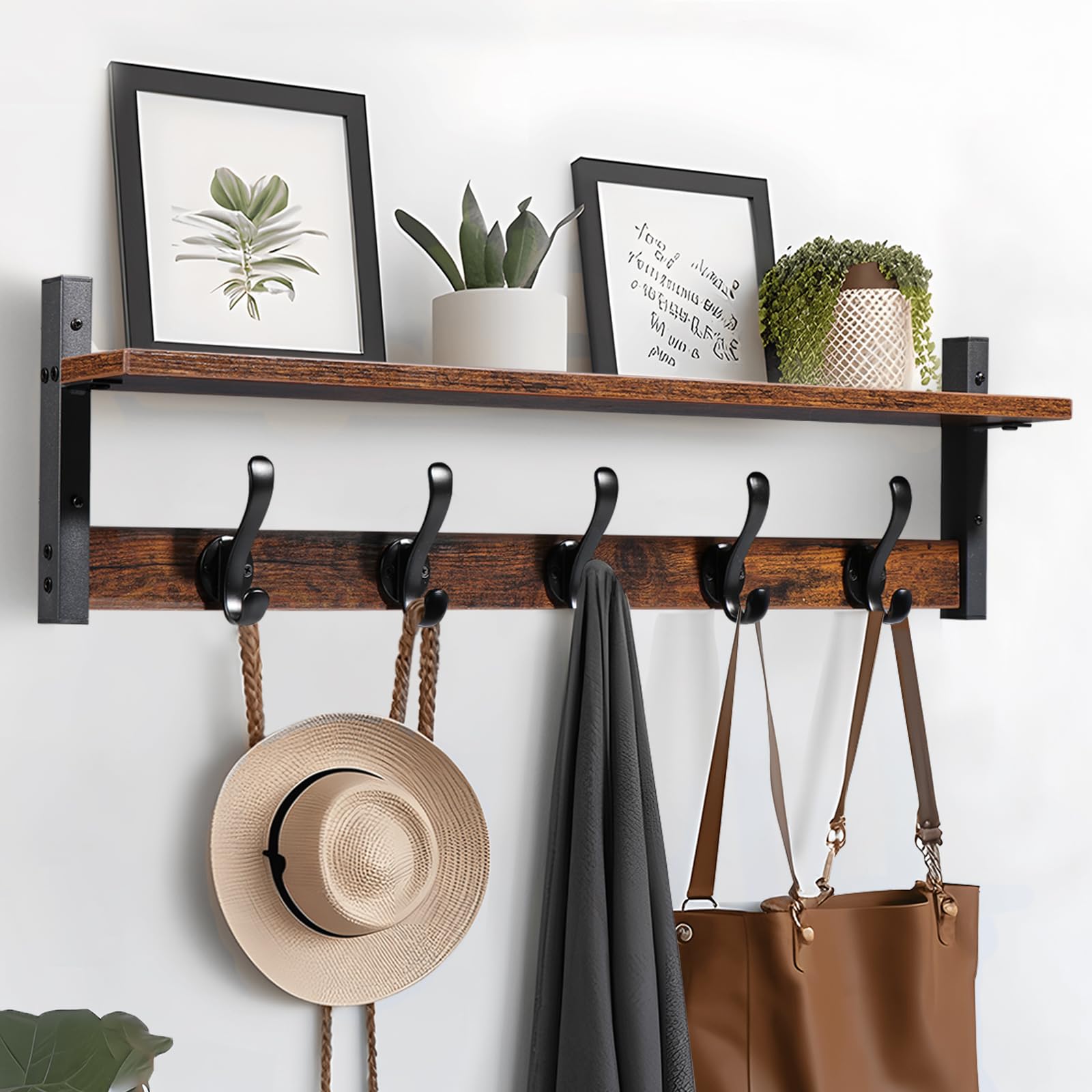 Tatub 29" Rustic Coat Rack Wall Mount with Shelf, Entryway Wall Hooks with Shelf, Coat Hangers for
