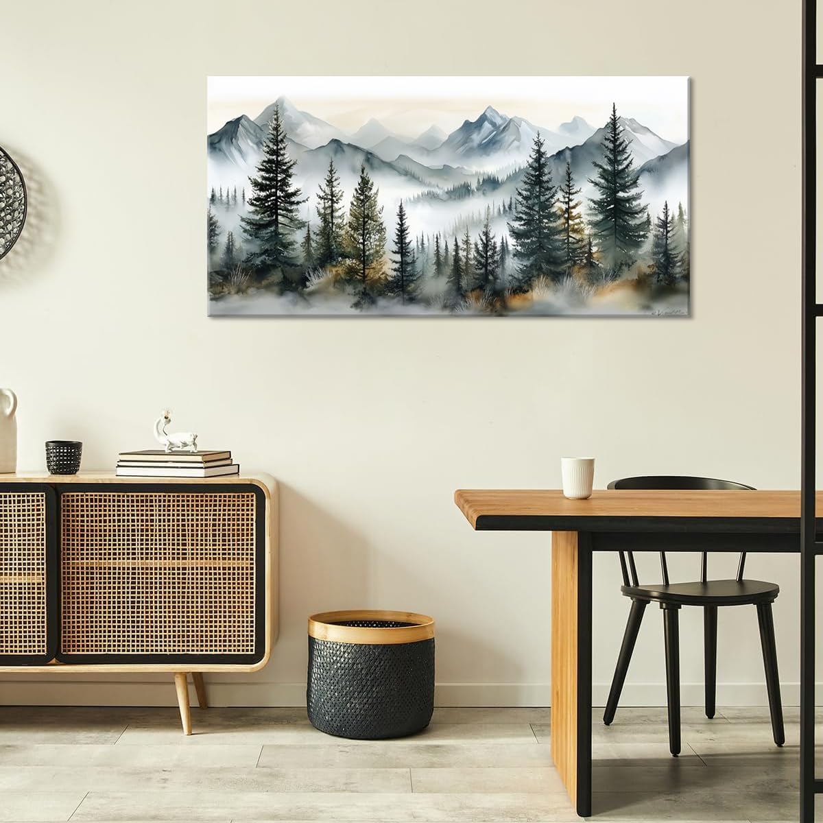 LASMOND Watercolor Forest Wall Art for Living Room Modern Mountain Canvas Painting Prints Foggy Woods Bedroom Landscape Office Wall Art Decor (40x20 Inches)