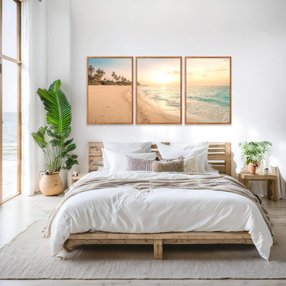 Aurlan Tropical Beach Sunset Framed Wall Art(16"x24"), 3PCS Coastal Ocean Island Canvas Artwork, Vintage Seascape Landscape Scenery Decor Prints for Office Home
