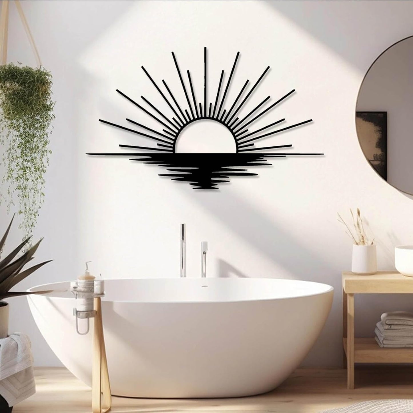 Sunrise Metal Wall Art, Metal Sun Wall Decor, Sun Outdoor Wall Art, Abstract Sunrise Wall Decor, Boho Home Hanging, Living Room Wall Hanging (White, 24"x14"/60x36cm)