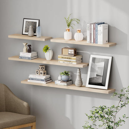 SAUMONIERES Floating Shelves 8 Inch Deep Solid Wood Wide Wall Shelf Set of 2 Wall Mounted for Bedroom Bathroom Living Room Kitchen, 36 Inch Natural
