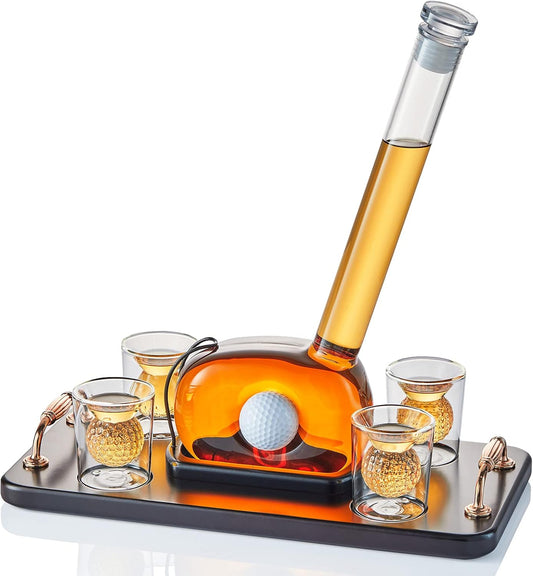 Golf Whiskey Decanter Set with 4 Golf Ball Shot Glasses, Unique Golf Gifts for Men Women, 750ml Golf Themed Liquor Dispenser, Golf Club Drink Dispenser for Bourbon, Scotch, Vodka, Tequila