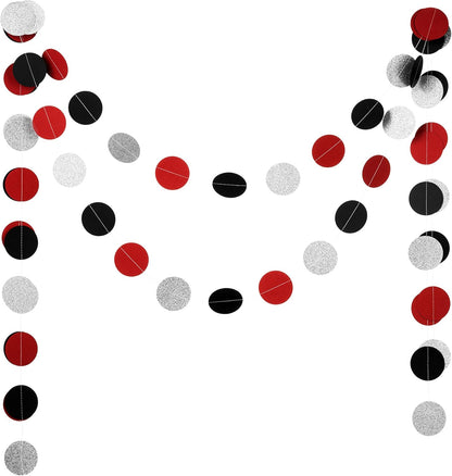 WEVEN Red Black Silver Glitter Paper Garland Circle Dot Streamer Party Banner Backdrop Hanging Decorations, 2.5" in Diameter, 20 Feet in Total