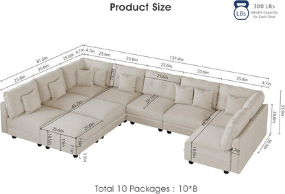 LLappuil Modular Sectional Sofa with Storage Seats, Corduroy Convertible Modular U Shaped Sectional Couch for Living Room, 10 Seat Oversized Sofa with 10 Back Cushion 10 Throw Pillow, Beige