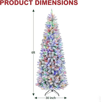 Hykolity 6 ft Prelit Snow Flocked Pencil Slim Christmas Tree, 544 PVC Branch Tips, 200 Color Changing LED Lights, Metal Stand and Hinged Branches, 10 Color Modes