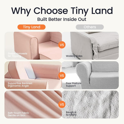 Tiny Land 2-in-1 Foldable Kids Couch with Pockets – Soft Thick Toddler Sofa, Lounger Couch, Convertible Kids Chair for Playroom, Bedroom or Living Room, Gift for Boys & Girls (Pink)